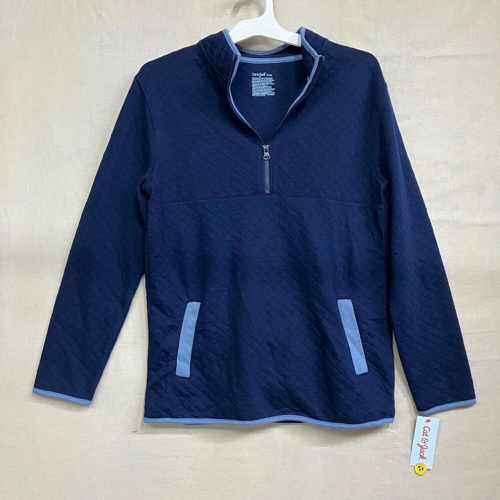 NWT Cat & Jack Boys' XL 14 Navy Quilted Half-Zip Pullover Sweater Jacket Knit